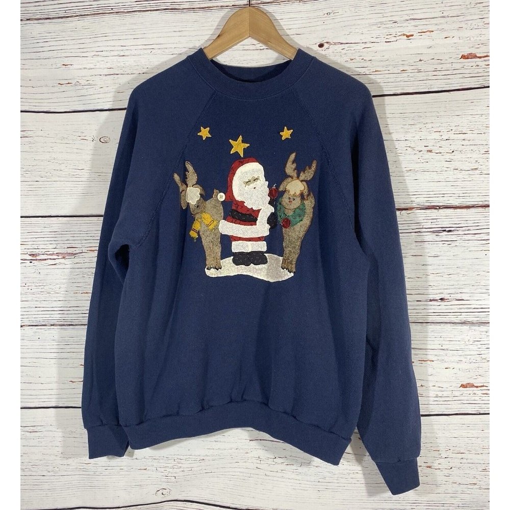 Vintage Christmas Sweatshirt Sz Large Holiday Santa Appliqué Puffy Paint Deer